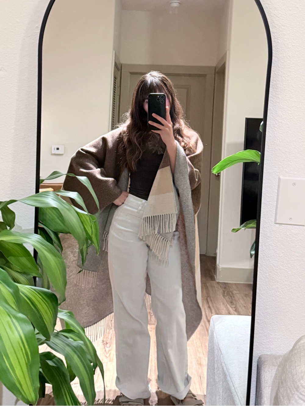 J. McLaughlin Brown and Cream Fringe Cape Coat